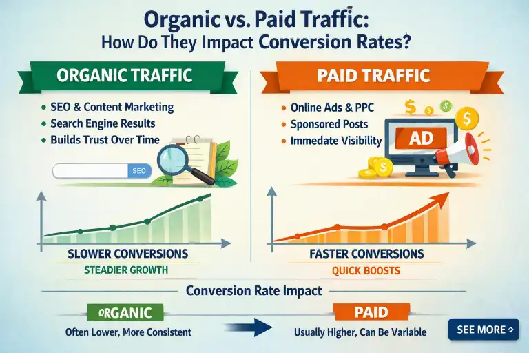 What is the difference between organic and paid traffic and how do they impact conversion rates differently